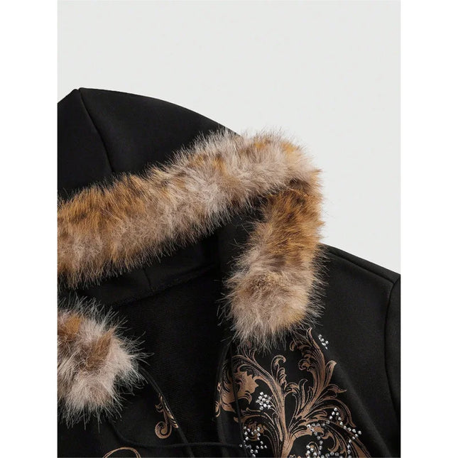 Gothic Print Women's Faux Fur Crop Zip-Up Hoodie Jacket
