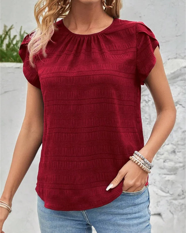 Women's Short Sleeve Loose Fit Round Neck Petal Sleeve Blouse
