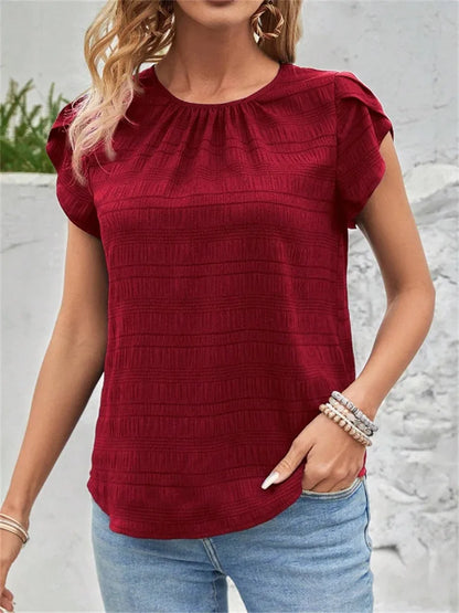 Women's Short Sleeve Loose Fit Round Neck Petal Sleeve Blouse