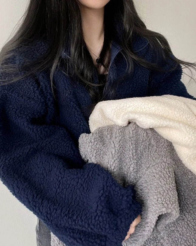 Women's Plush Faux Wool Jacket - Thick Warm Zip-up with Stand Collar