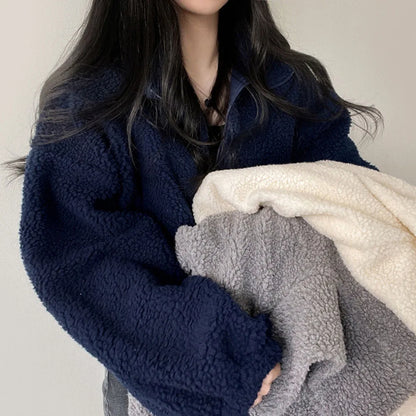 Women's Plush Faux Wool Jacket - Thick Warm Zip-up with Stand Collar