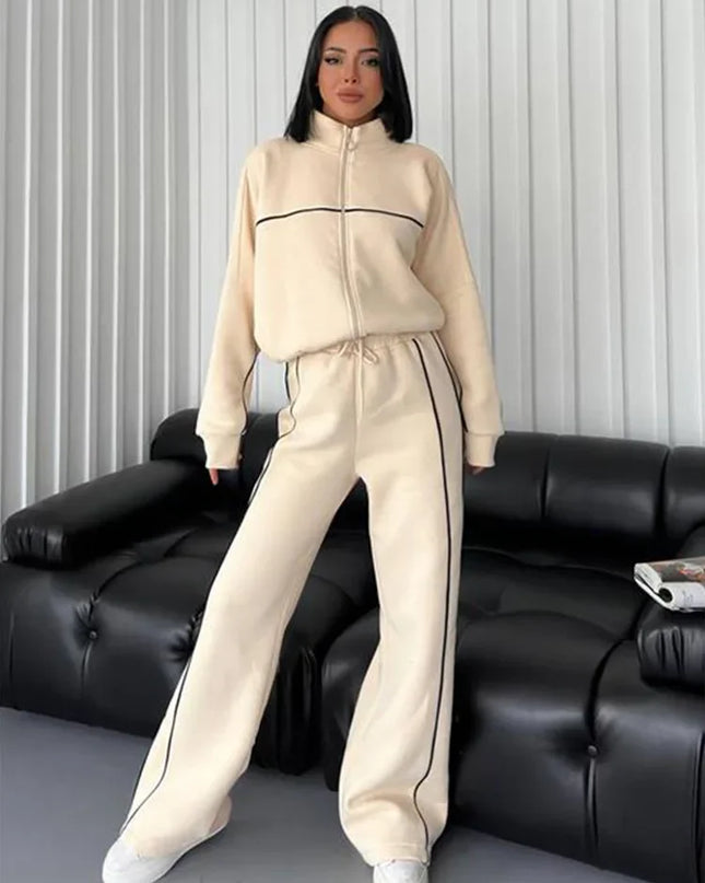 Women's Two-Piece Striped Zipper Jacket and Pants Set