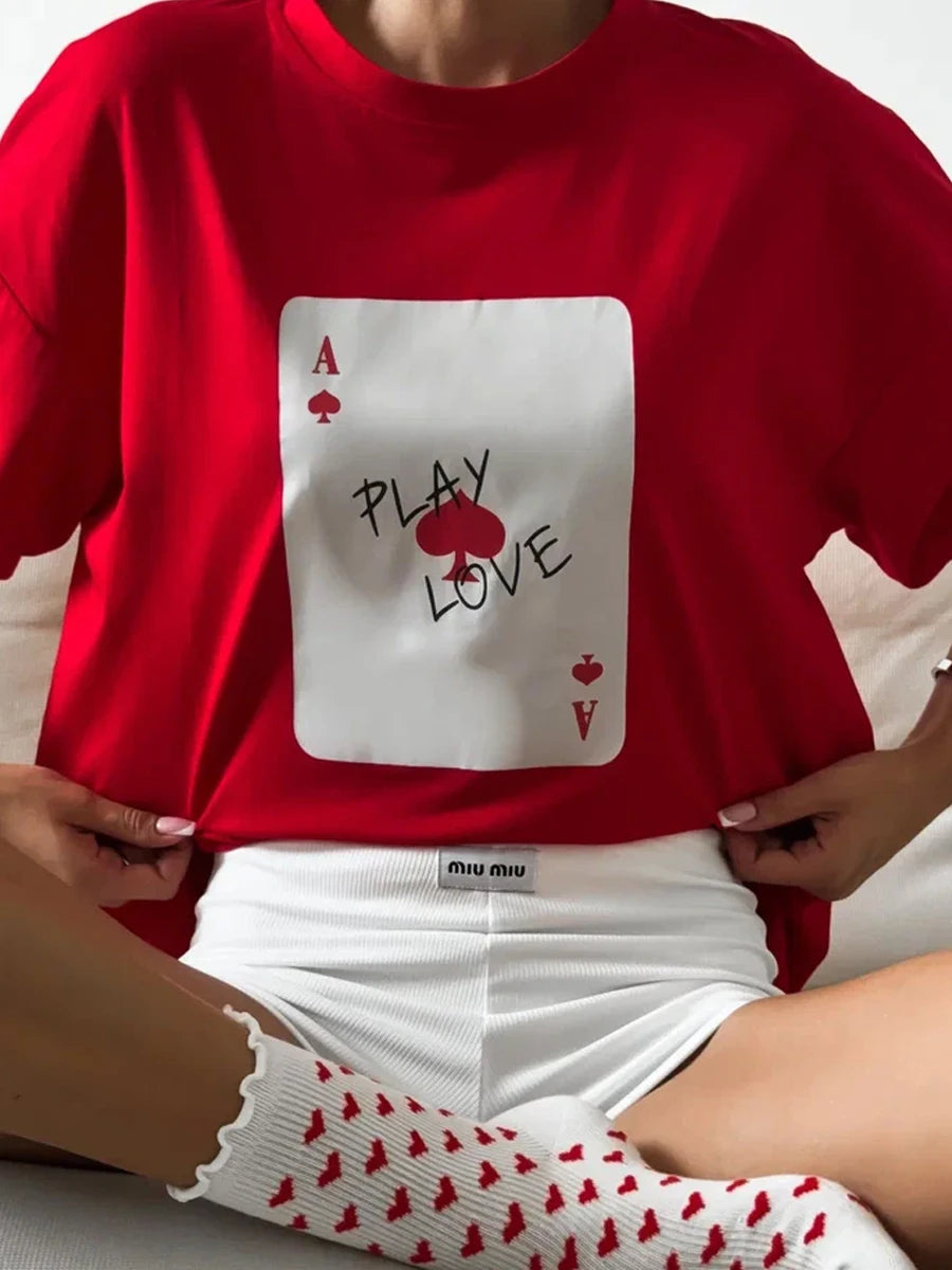 Women's Cotton Poker Card Print T-Shirt - Loose Fit, Casual Short Sleeve Tee for Women