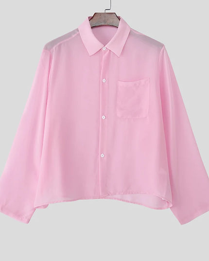 INCERUN Men's Chiffon Lapel Long Sleeve See-Through Loose Shirt