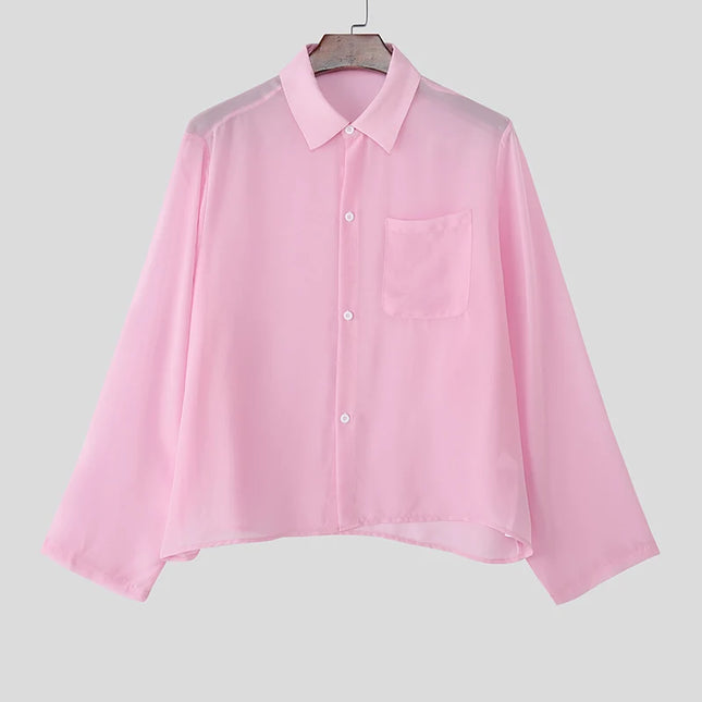 INCERUN Men's Chiffon Lapel Long Sleeve See-Through Loose Shirt