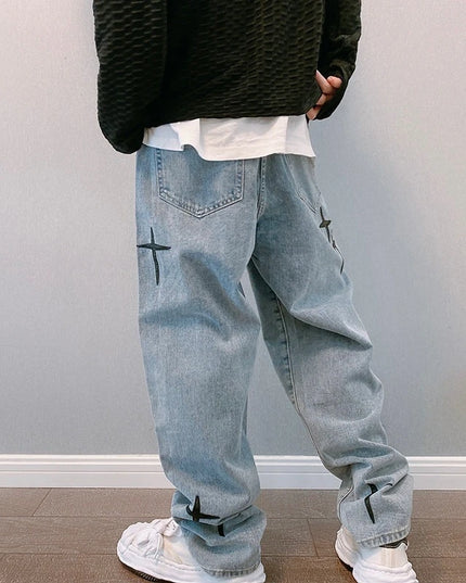 Men's Korean Style Printed Baggy Wide Leg Jeans - Casual Loose Fit Denim with Draped Design