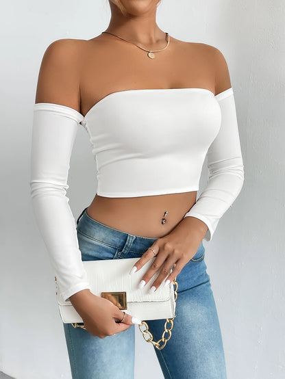 Women's Casual Long Sleeve Off-Shoulder Crop Top