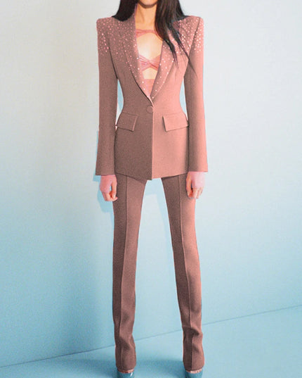 Women's Elegant Two-Piece Beaded Blazer and Pants Set with  Diamond Detailing