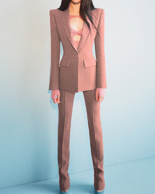 Women's Elegant Two-Piece Beaded Blazer and Pants Set with  Diamond Detailing