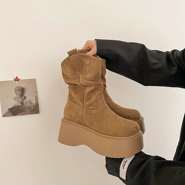 Chunky Platform Ankle Boots for Women - Thick Sole, Round Toe, Slip-On Design