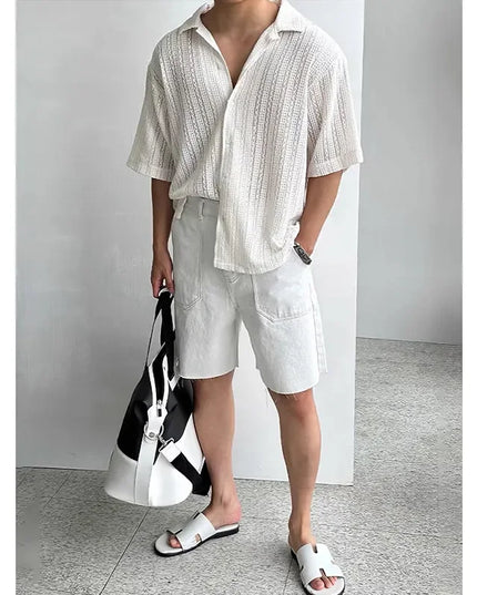 Men's Loose Fit Short-Sleeved Knitted Shirt with Jacquard Collar and Hollow Design