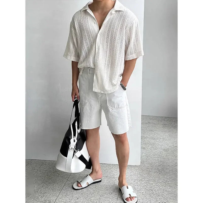Men's Loose Fit Short-Sleeved Knitted Shirt with Jacquard Collar and Hollow Design