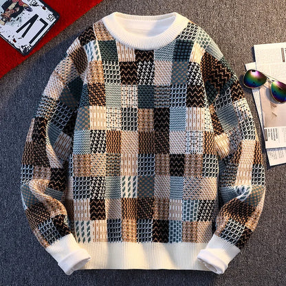 Men's Plaid Pullover Sweater - Casual Loose Fit Knitted Sweater for Men