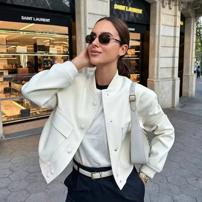 Women's Cropped Bomber Jacket - Button-Up  Outerwear with Long Sleeves