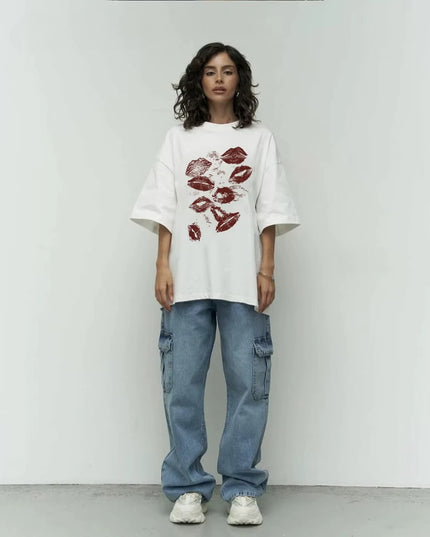Women's Lips Print Cotton T-Shirt - Soft, Oversized, Retro Style