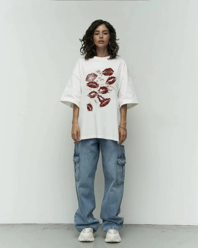 Women's Lips Print Cotton T-Shirt - Soft, Oversized, Retro Style