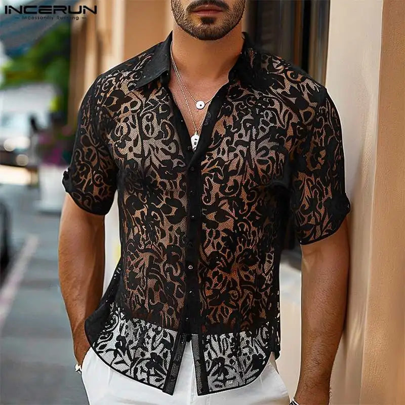 Incerun Men's Short Sleeve Shirt with Lace Lapel and Transparent Design