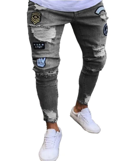 Men's Skinny Slim Fit Ripped Denim Jeans with Stretch, Hole & Patchwork Design