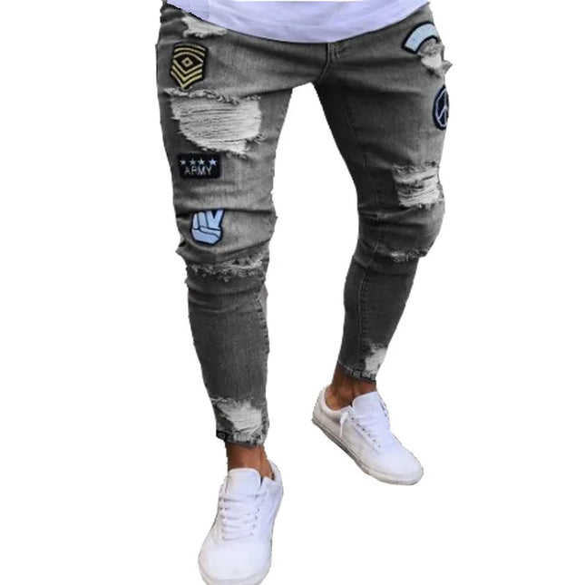 Men's Skinny Slim Fit Ripped Denim Jeans with Stretch, Hole & Patchwork Design