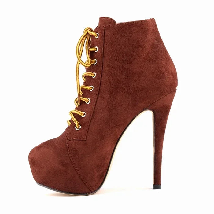 Women's Platform Boots with Side Zipper - High Heels With Lace-Up Design