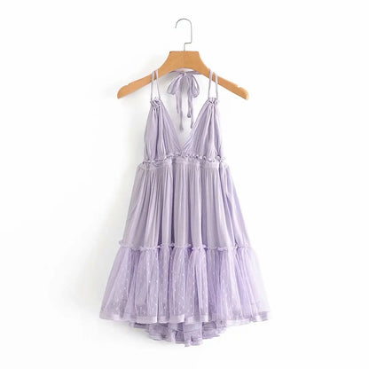 Women's Bow-Back Lacing Halter Collar Mesh Pleated Mini Dress