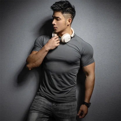 men's slim fit compression T-shirt Sports leisure gym exercise training T-shirt elastic quick drying short sleeve T-shirt men tops