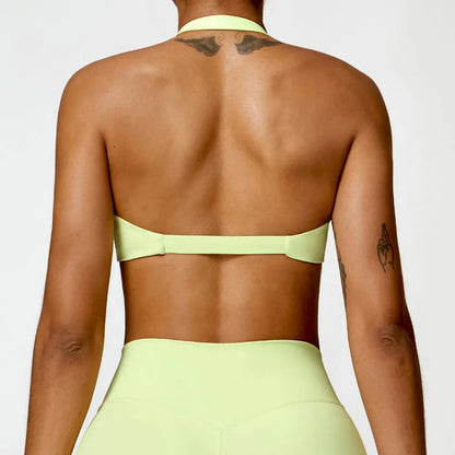 Women's Nylon Halter Sports Bra with Front Twist, Padded and Supportive Bralette for Activewear