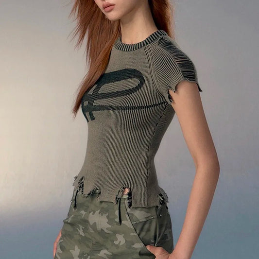 Karrcat Women's Knitted T-Shirt – Vintage Distressed Slim Fit & Ribbed Design