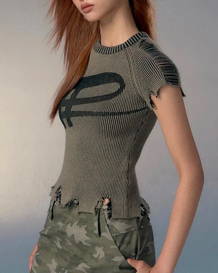 Karrcat Women's Knitted T-Shirt – Vintage Distressed Slim Fit & Ribbed Design