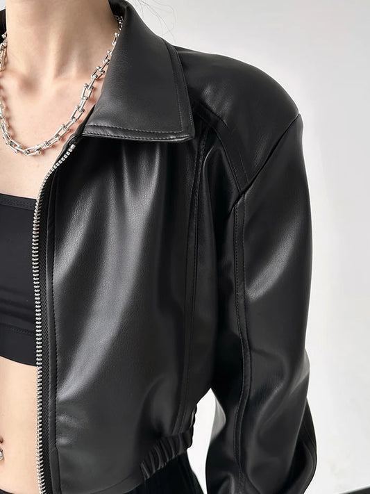 Women's PU Leather Lapel Jacket with Long Sleeves, Crop Style, Zipper Closure