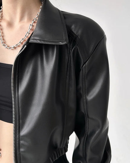 Women's PU Leather Lapel Jacket with Long Sleeves, Crop Style, Zipper Closure