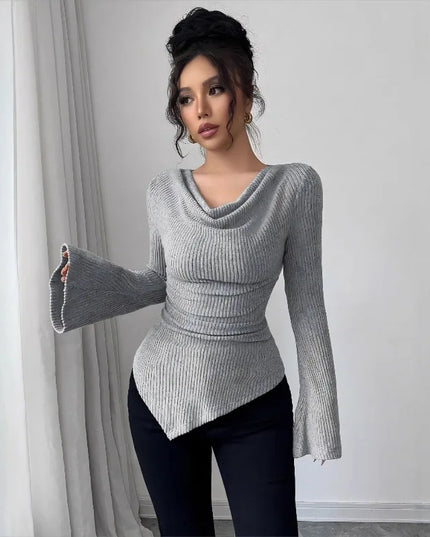 Women’s Off-Shoulder Ribbed Knit Sweater, Slim Fit, Long Sleeve