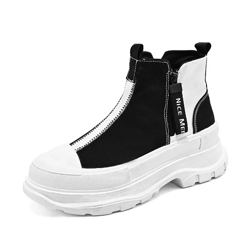 Men's High-Top Canvas Sneakers with Thick Soles and Side Zipper