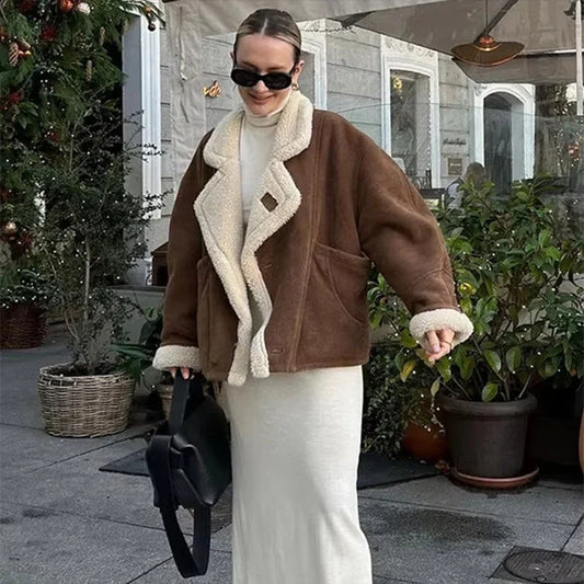 Women's Vintage Wool Lapel Jacket with Thicken Fabric and Pockets