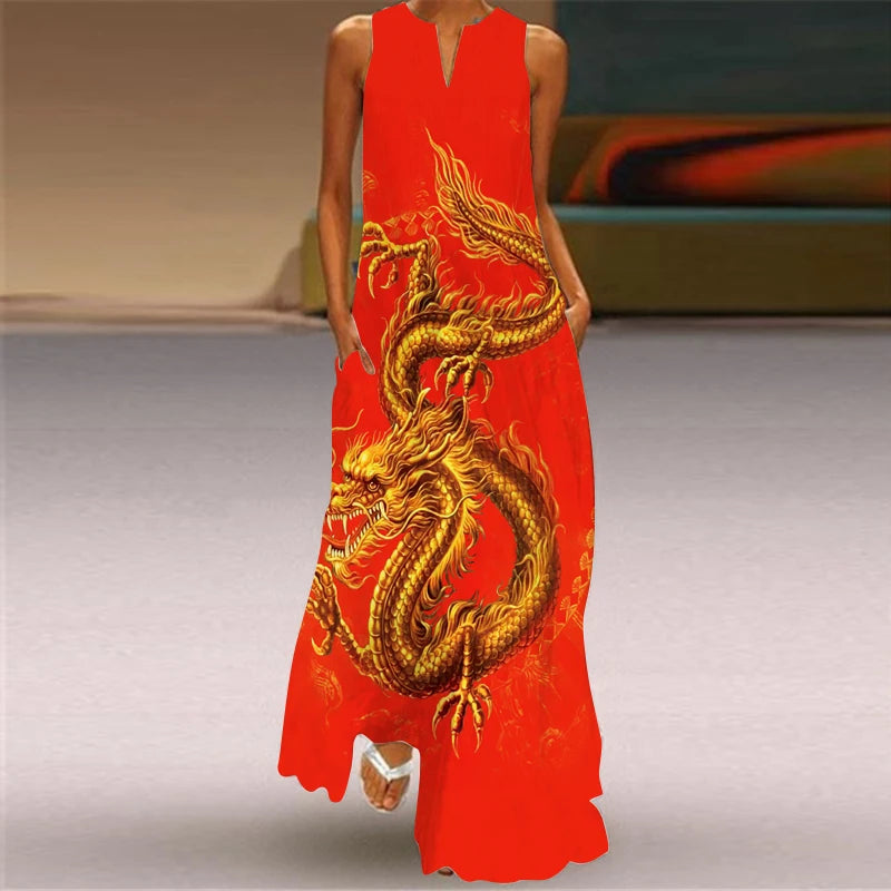 Women's Vintage Boho Printed Sleeveless V-Neck Maxi Dress