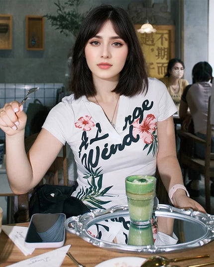 Women's Letter & Floral Print Polo Neck T-Shirt