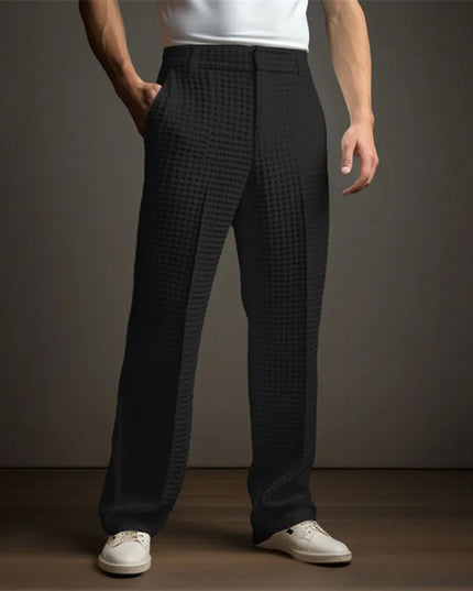 Men's Mid-Waist Twill Straight Leg Pants with Pockets - Casual Long