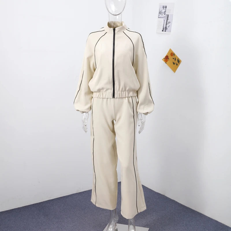 Women's Two-Piece Striped Zipper Jacket and Pants Set