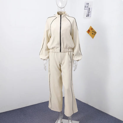 Women's Two-Piece Striped Zipper Jacket and Pants Set