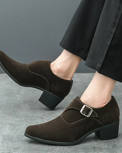 Men's 6CM Height-Boosting Platform Shoes with Pointed Toe and Buckle Decoration