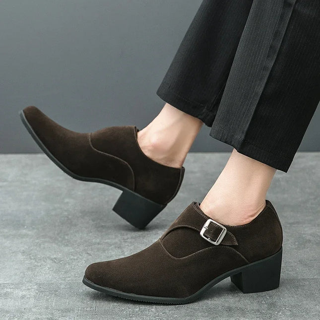 Men's 6CM Height-Boosting Platform Shoes with Pointed Toe and Buckle Decoration