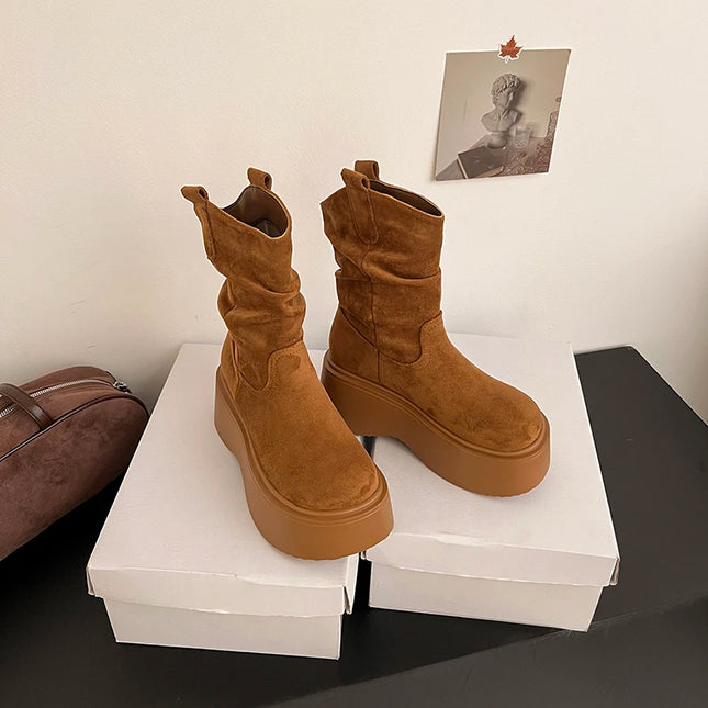 Chunky Platform Ankle Boots for Women - Thick Sole, Round Toe, Slip-On Design