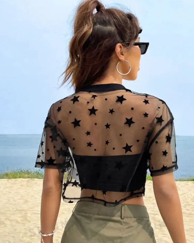 Women's Star-Print Cropped Mesh Top with Drop Shoulders