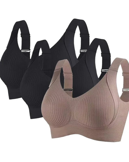 3-Piece Women's Non-Wire Push-Up Bra Set with Seamless Ribbed Design