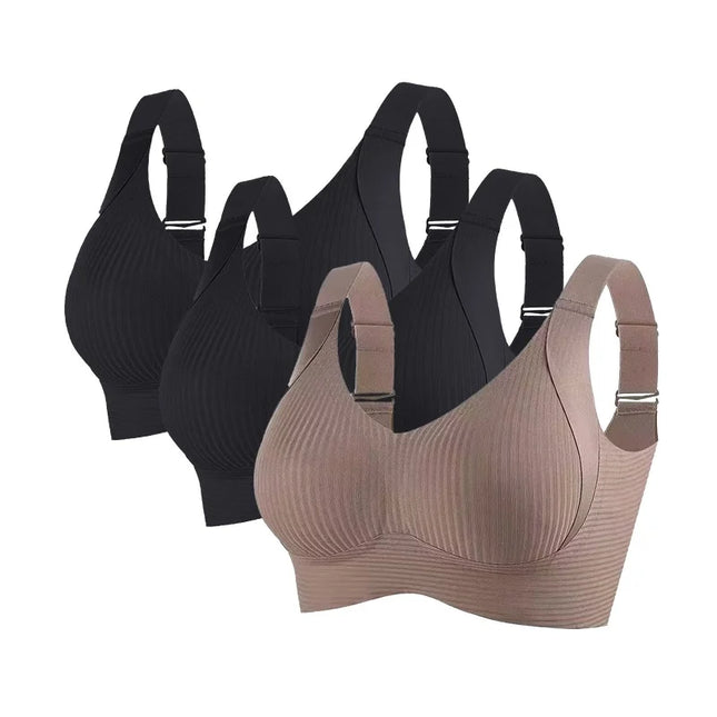 3-Piece Women's Non-Wire Push-Up Bra Set with Seamless Ribbed Design