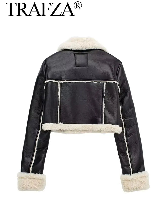 TRAFZA Women's Black Cropped Faux Leather Jacket with Wool Blend