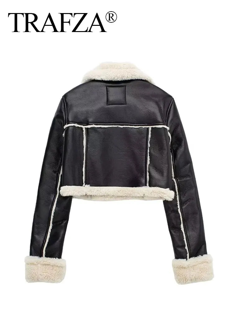TRAFZA Women's Black Cropped Faux Leather Jacket with Wool Blend