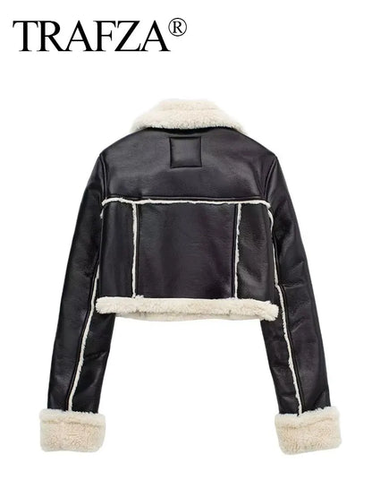 TRAFZA Women's Black Cropped Faux Leather Jacket with Wool Blend
