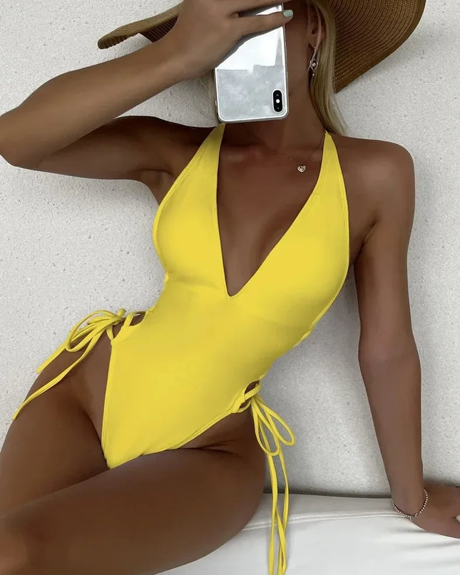 Women's Deep V Neck One-Piece Swimsuit with Hollow Out Design & Pleated Style 