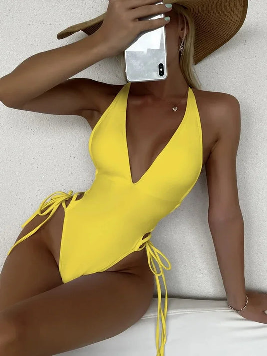 Women's Deep V Neck One-Piece Swimsuit with Hollow Out Design & Pleated Style 